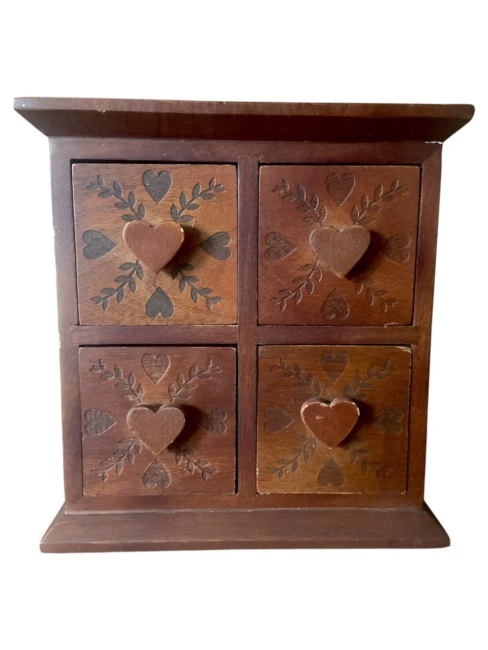Vintage Solid Wood 4 Drawer Trinket Chest Herb Drawer Hand Carved Heart Folk Art